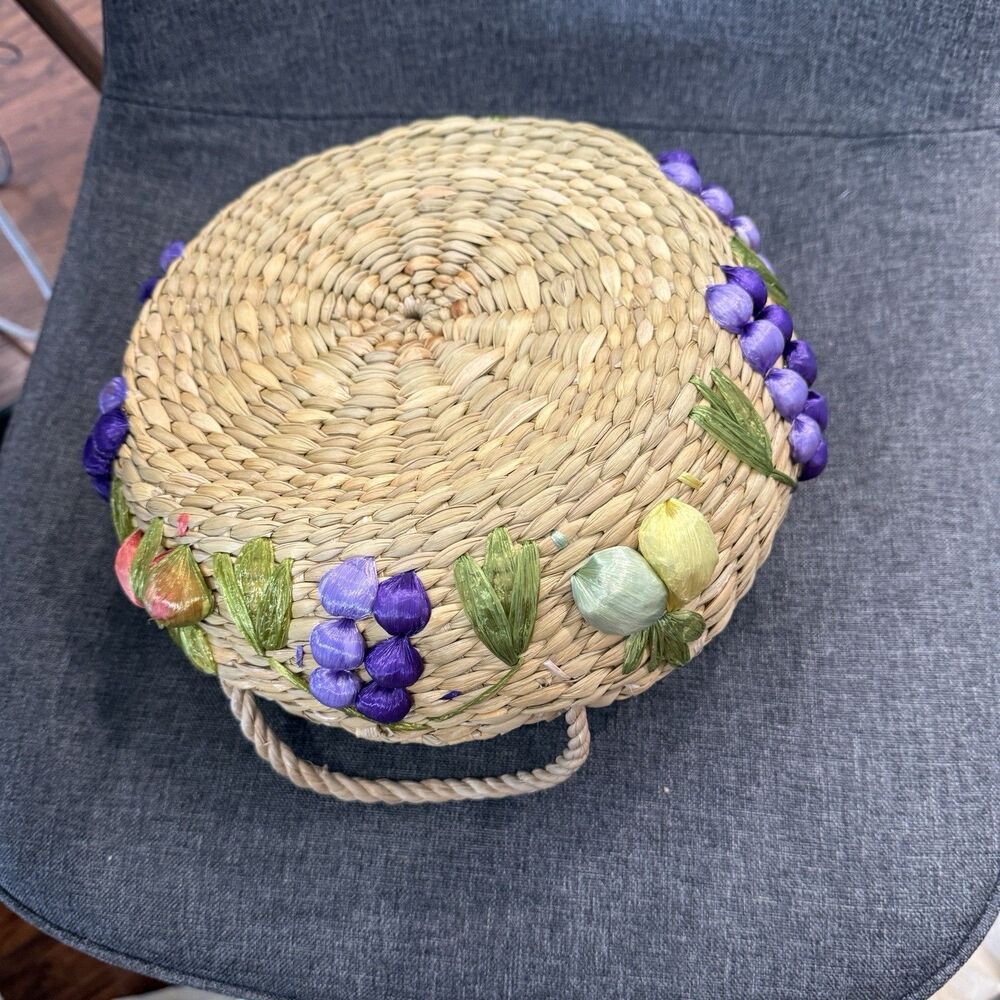 Vintage Hand Woven Fruit Basket Circular Colorful Picnic Basket